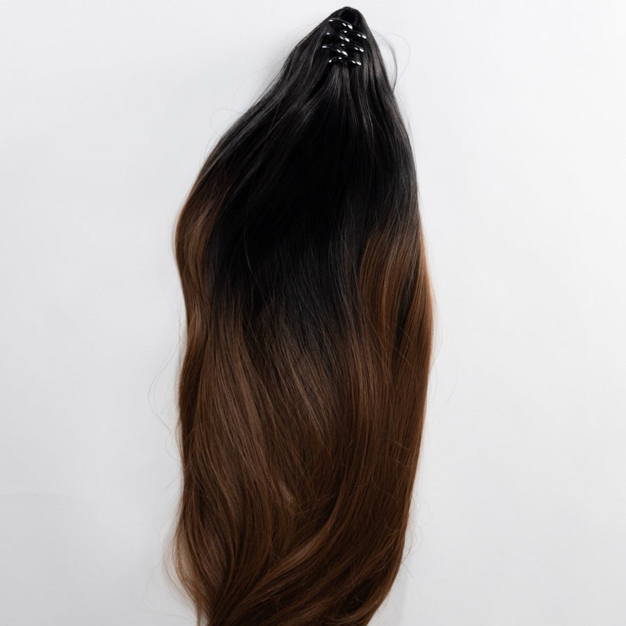 Ponytail Extension in Schwarzbraun/Braun Balayage, glatt, 75 cm - Rückansicht